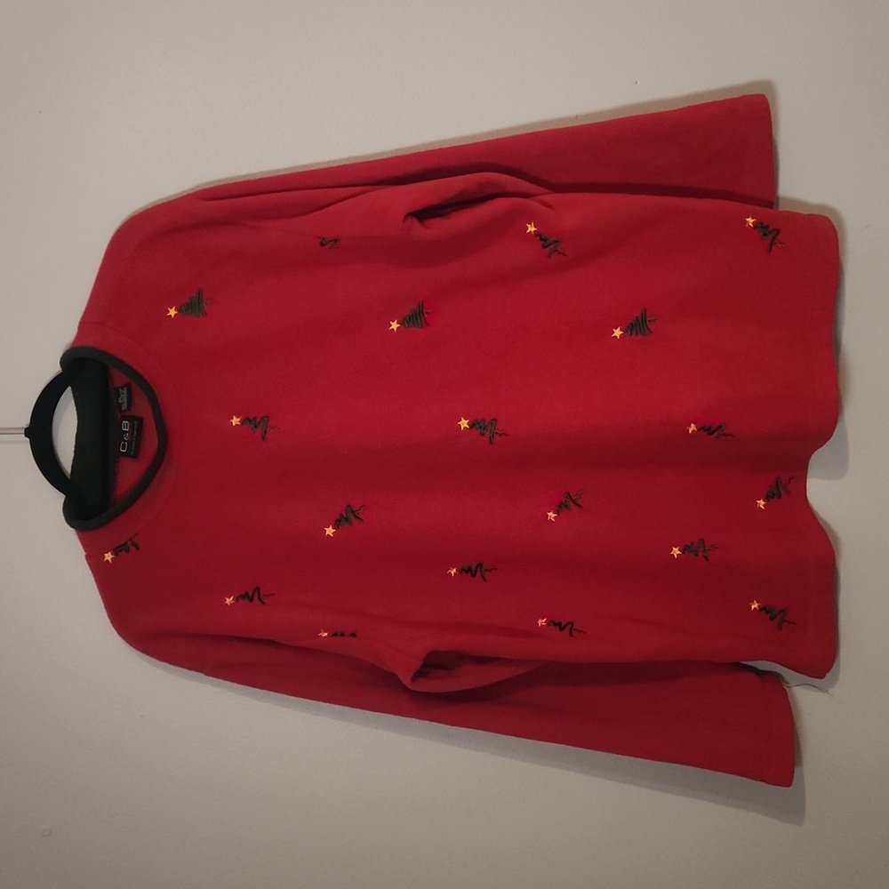 Vintage Holiday Fleece, Red and green, Trees Embroidered on Front, Size: XL